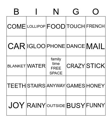 Wells Family Reunion 2013 Bingo Card