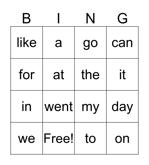 Fast Words # 1 to 4 Bingo Card