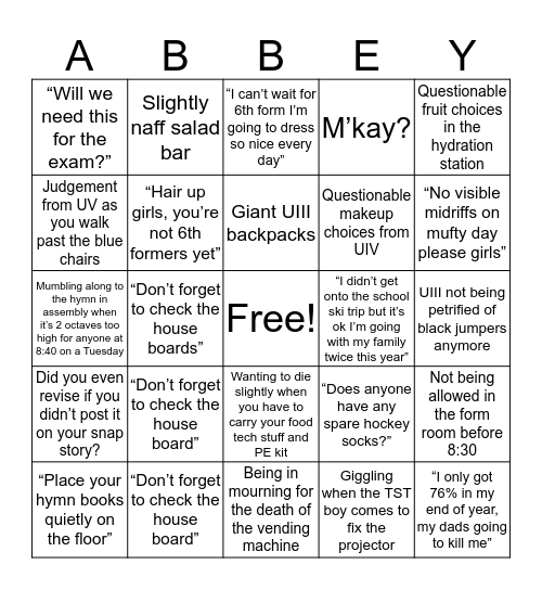 Abbey School Bingo Card