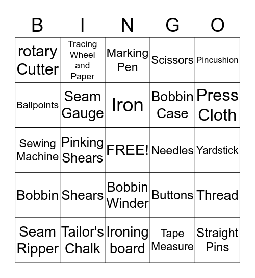 Sewing Equipment  Bingo Card