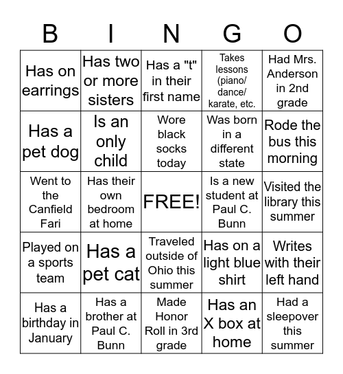 Getting to Know You Bingo Card