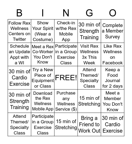 Rex Wellness Centers Spirit Week BINGO Card