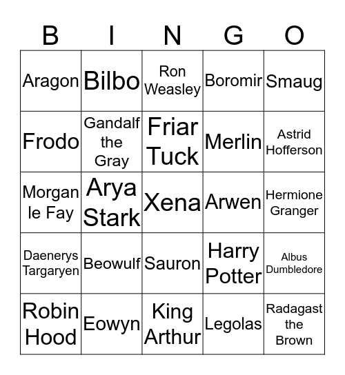 Fantasy Character Bingo Card