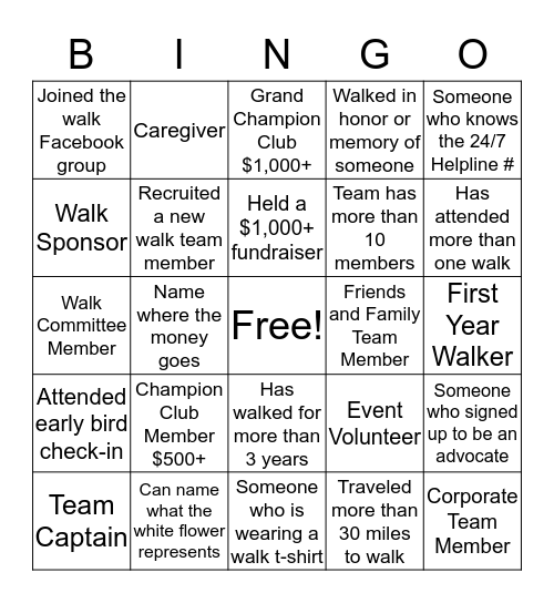 Walk to End Alzheimer's Bingo Card