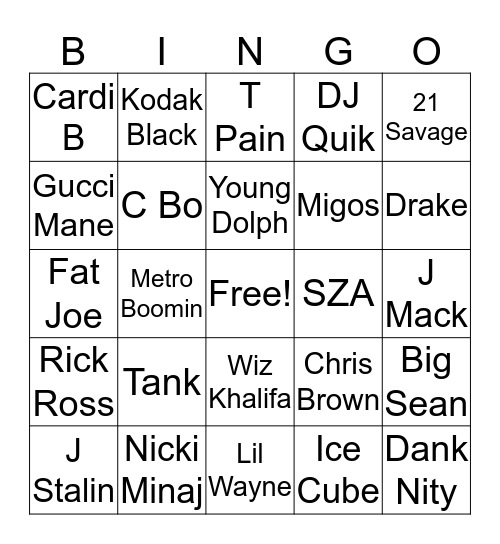 Hip Hop Bingo 1 Bingo Card