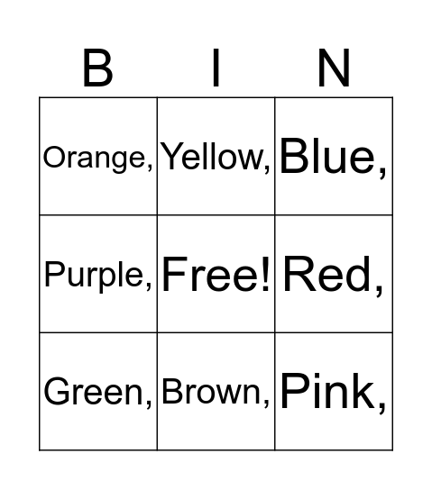 Colors!  Bingo Card