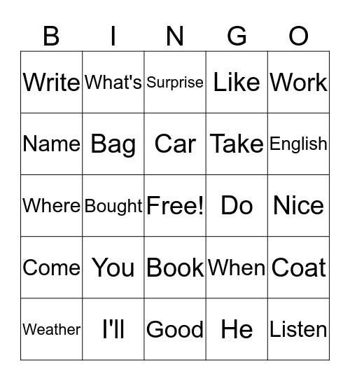 Stress Sentence Bingo Card