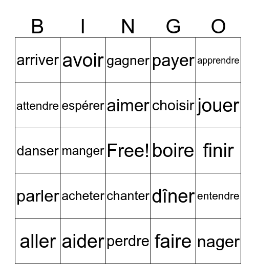 Les Verbes Bingo Card