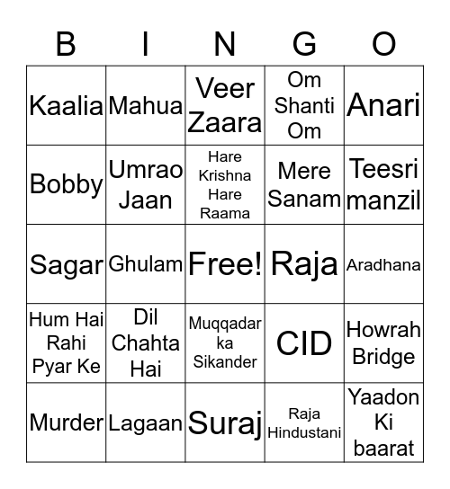 Bollywood Hungama Bingo Card