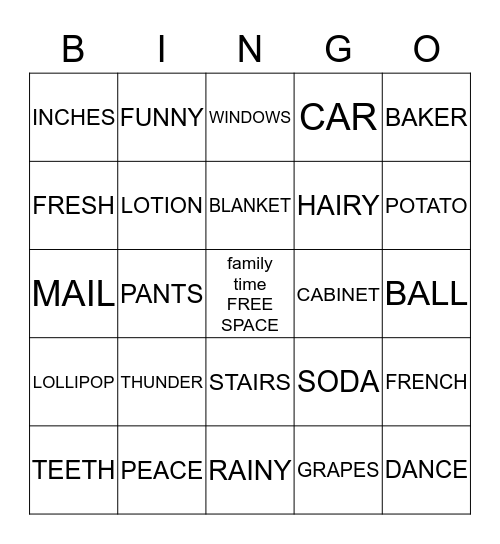 Wells Family Reunion 2013 Bingo Card