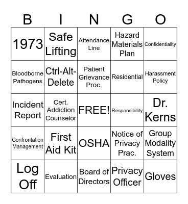 Serenity Lane 2013 Competency Training Bingo Card