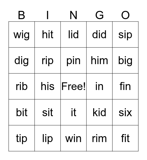 Short "i" Bingo Card
