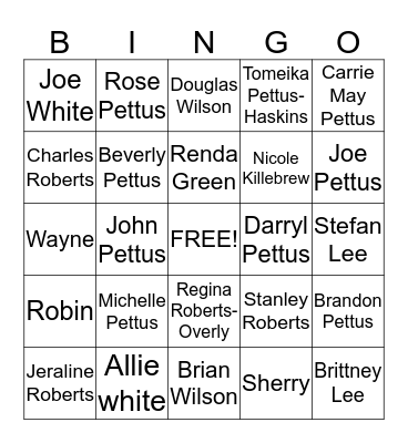 Family Reunion Bingo Card