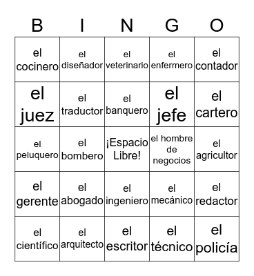 las profesiones Bingo Card