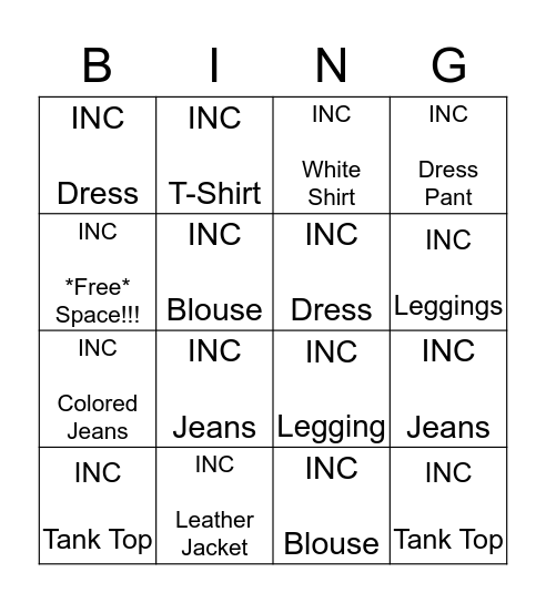 Sell INC  Bingo Card