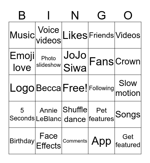 Musical.ly Bingo Card
