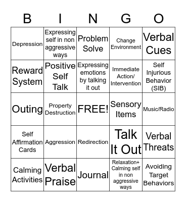 Behavior Support Plan (BSP) Bingo Card