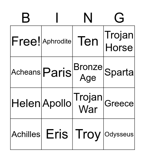 Trojan War Bingo Card