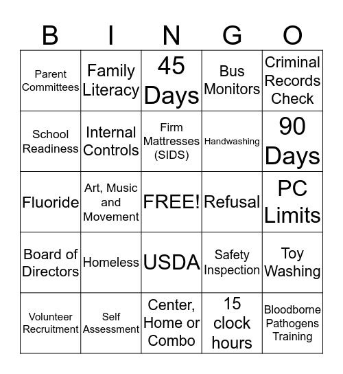 Head Start Bingo Card