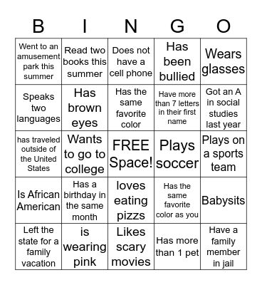 Meet Your Classmate Bingo Card