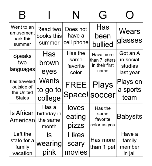 Meet Your Classmate Bingo Card