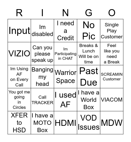 Warrior RINGO  Bingo Card