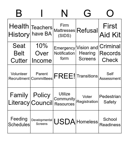 Head Start Bingo Card