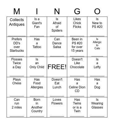 Mingle Mingo Bingo Card