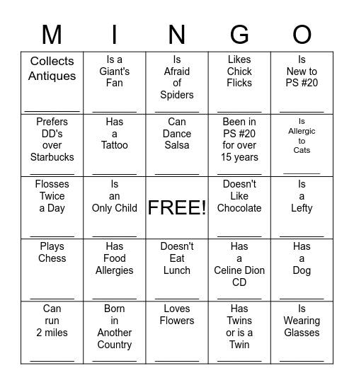 Mingle Mingo Bingo Card
