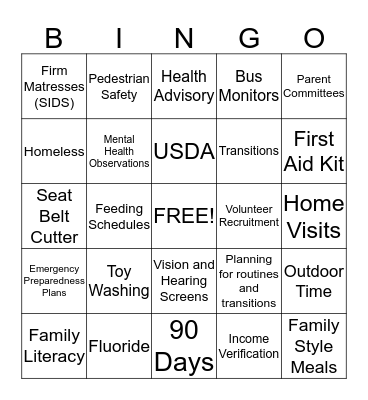 Head Start Bingo Card