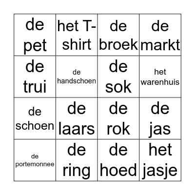 De kleding Bingo Card