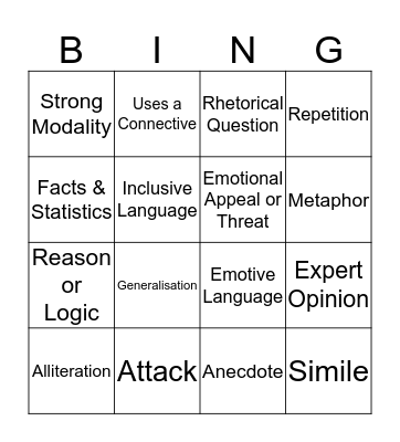 Persuasive Speech Bingo Card