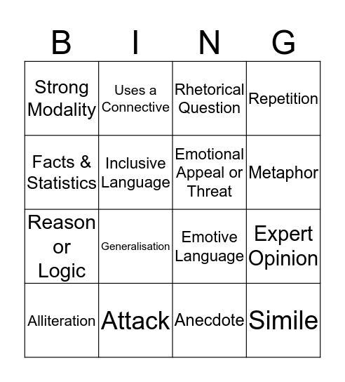 Persuasive Speech Bingo Card