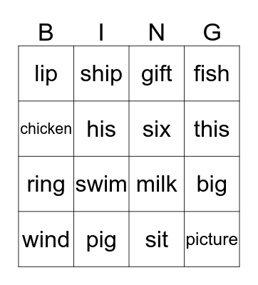 Short "i" Bingo Card