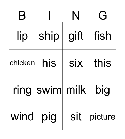 Short "i" Bingo Card