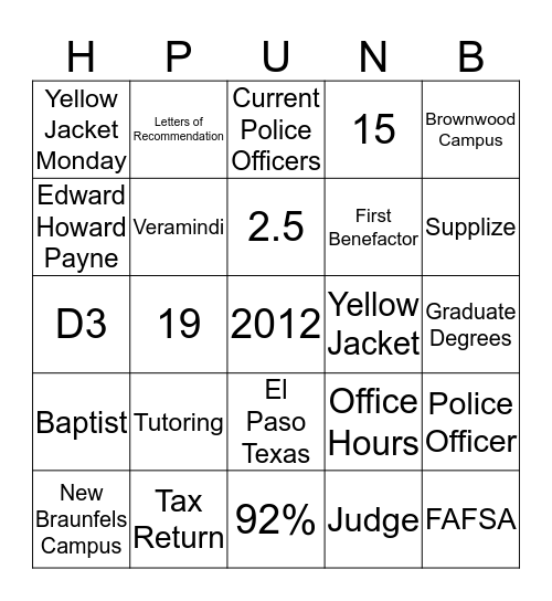 Howard Payne University Bingo Card