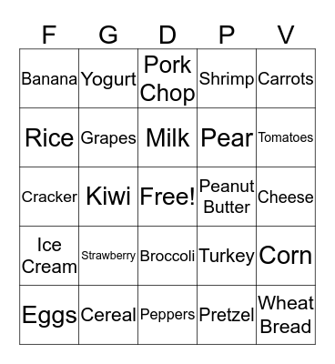 Food Group Bingo Card