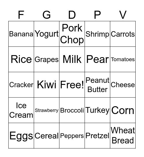 Food Group Bingo Card