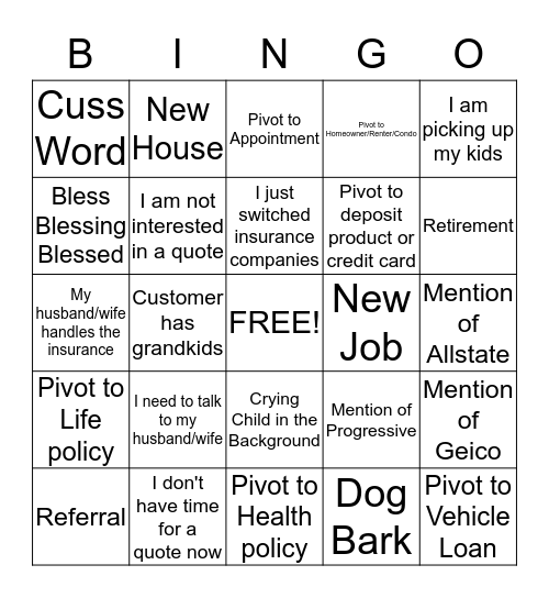 COLD CALL BINGO!! Bingo Card