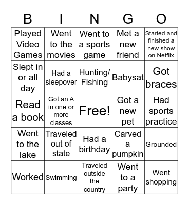 Fall Break Bingo Card