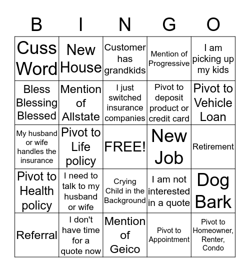 COLD CALL BINGO!! Bingo Card