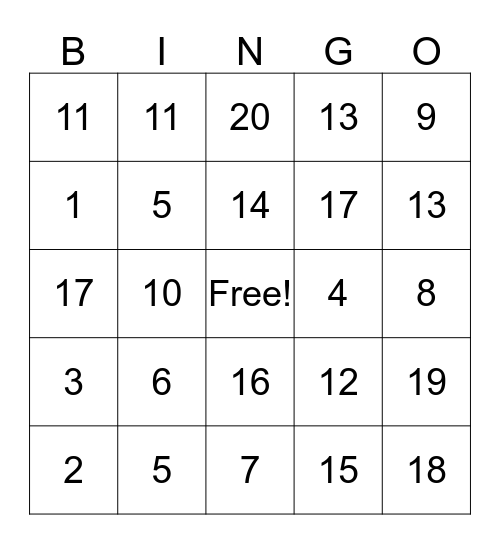 Number Bingo Card