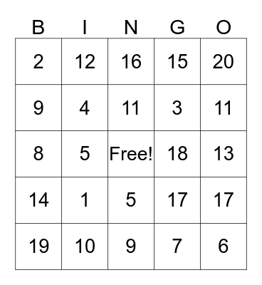 Number Bingo Card