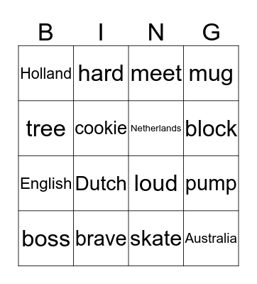 Dutch/Australian Bingo Card