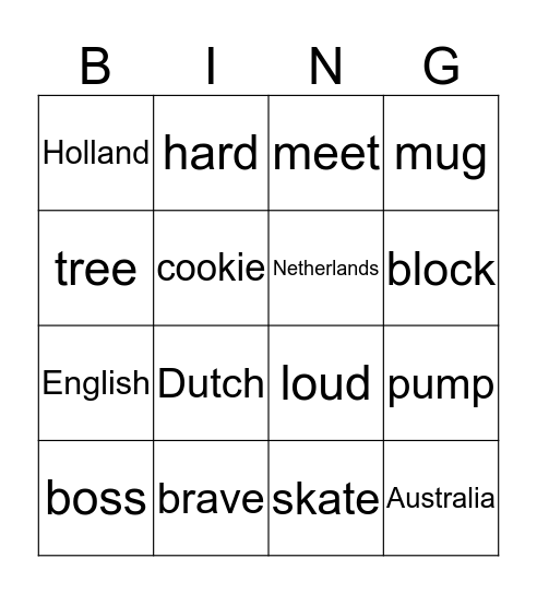 Dutch/Australian Bingo Card