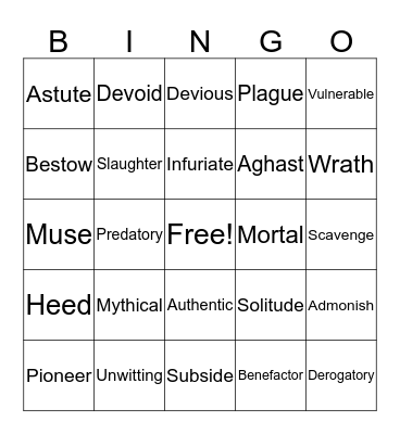 Vocabulary Bingo Card