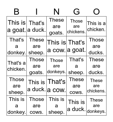 Farm Animal Bingo Card