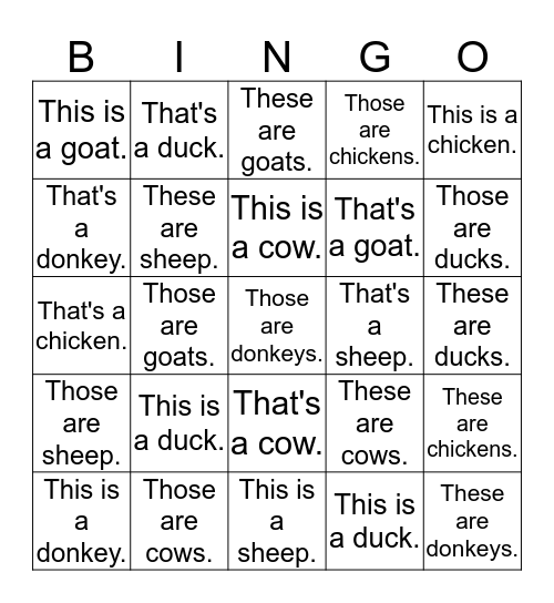 Farm Animal Bingo Card