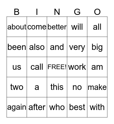 Sight Words Bingo Card