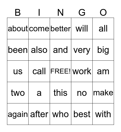Sight Words Bingo Card